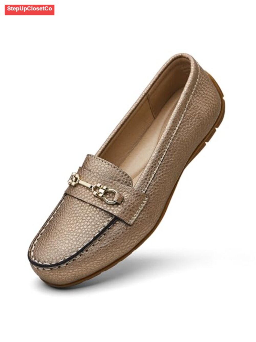 Genuine Leather Loafers with Memory Foam Insole & Gold Buckle Slip-On